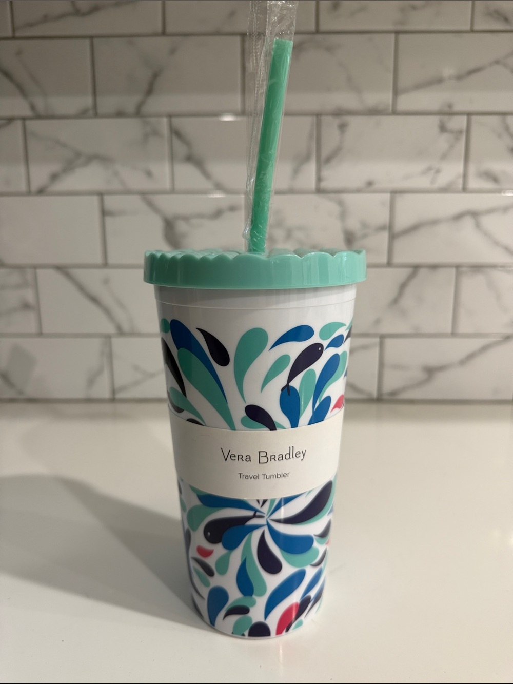 Vera Bradley Aqua & Navy Floral Swirl Tumbler with Mint Lid